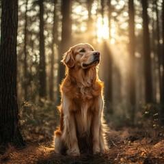 A majestic golden retriever sitting in a natural forest setting, with sunlight filtering through the trees