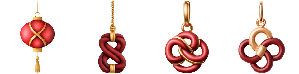 Obraz premium Chinese New Year festival and symbolism, A collection of ornate red and gold pendants featuring intricate knot designs and a lantern shape.