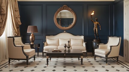 Luxurious room with beige and black checkered floor and bronze decor