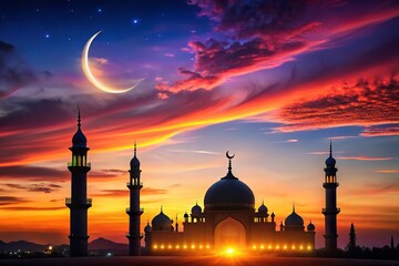 Captivating Silhouette of a Majestic Mosque with a Crescent Moon and Expansive Copy Space for Religious or Cultural Themes in Stunning Twilight Background