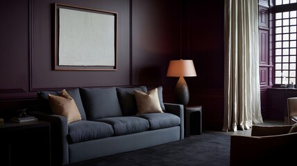 Fototapeta premium Moody living room with plum walls and dark wooden accents