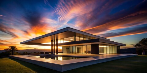 Obraz premium Captivating Silhouette of Advanced Modernist Villa Architecture with Intricate Light and Shadow Play, Showcasing Design Elegance in Architectural Photography
