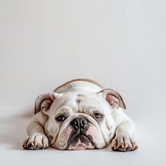 Fototapeta premium Adorable bulldog lying on a clean white background, with its chin resting on its paws and a relaxed look