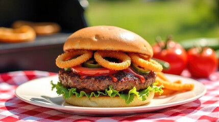 Delicious juicy burger with fresh toppings and melted cheese on a wooden cutting board ready to be served
