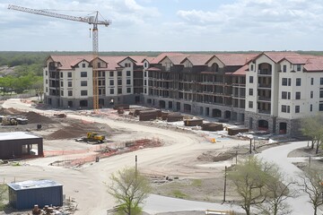Fototapeta premium An aerial view of a large construction site with multiple buildings under development, showcasing the scale and complexity of modern construction projects. 