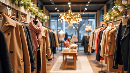 Naklejka premium Stylish clothing display in a cozy boutique decorated for the holiday season