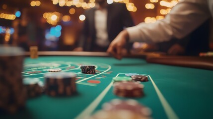 A casino game table with chips and a dealer.