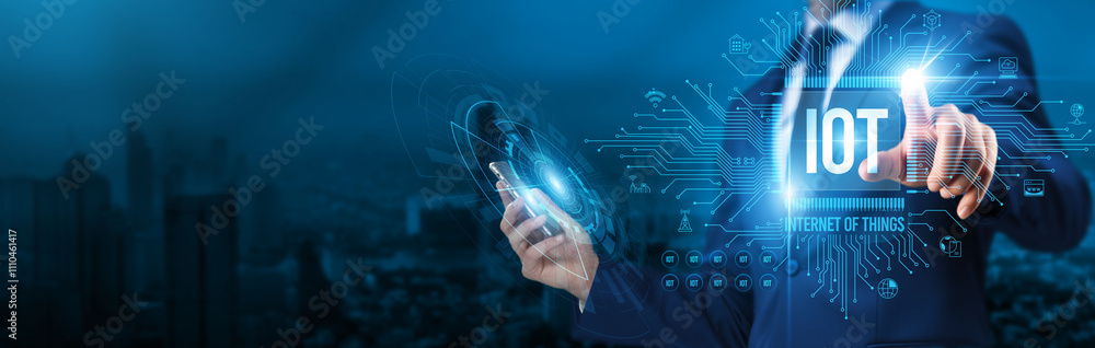 Poster internet of things. businessman touch a circuit board iot revolutionizes global network connectivity