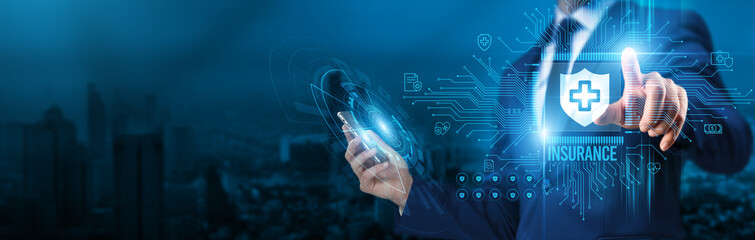 insurance technology. Businessman touch a circuit board insurance reinforces global network...