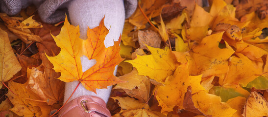 on shoes autumn leaves with heart. beautiful season autumn