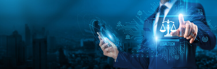 Legal Technology. Businessman touch a circuit board legaltech transforms global network efficiency...