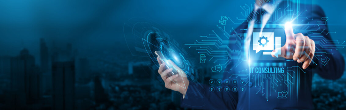 IT consulting. Businessman touch a circuit board IT consulting optimizes global network operations by providing strategic guidance and technology solutions, enhancing efficiency and security.