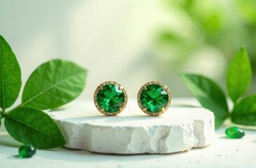 emerald earrings on a podium with green leaves background. Beautiful accessories for women. Elegant jewelery gift or present for birthday or saint valentine's day.