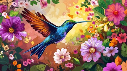Naklejka premium illustration hummingbird and in the background many flowers, purple clay