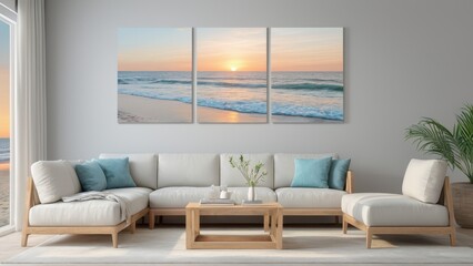 Elegant multi-panel wall art mockup with serene ocean canvas panels in a cozy living room.