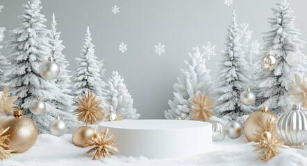 Winter festive decoration with snow-covered trees and golden ornaments creating a cheerful atmosphere