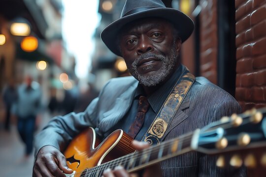 A cinematic still of blues guitarist sitting in an alley bar, smoking and playing guitar with an intense expression on his face, wearing a suit hat