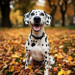Cheerful Dalmatian dog sitting in a park with autumn leaves scattered around, looking directly at the viewer