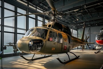 Obraz premium Dynamic helicopter display at modern aviation museum indoor exhibit captivating viewpoint showcasing aerospace technology and history in a contemporary environment