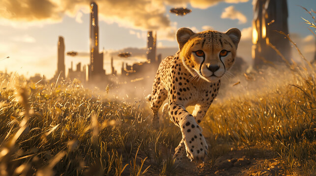 Cheetah running in a golden meadow with futuristic cityscape and flying vehicles in the background