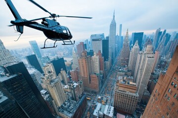 Helicopter tour over manhattan skyline new york city aerial photography urban environment wide angle view adventure and exploration in the heart of the city