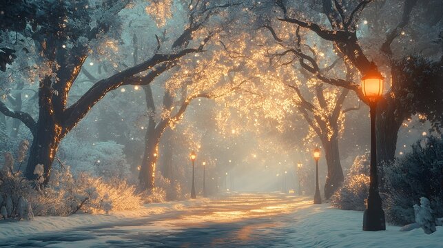 Snowy winter pathway under a canopy of trees illuminated by warm, glowing lights.