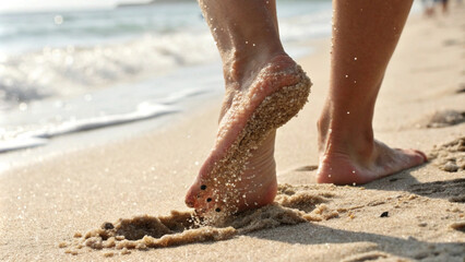 A close-up of human feet walking on a sandy beach, capturing the soft texture of skin