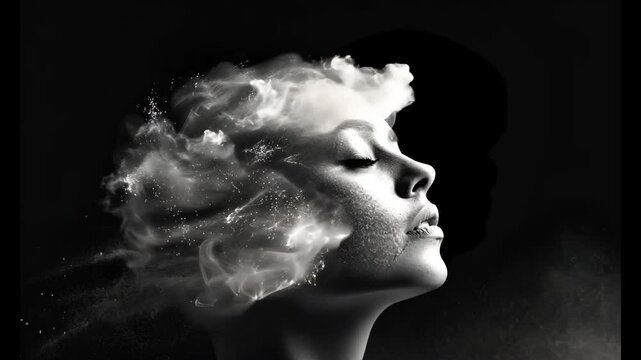 Abstract black-and-white depiction of a woman's face dissolving into fine, flowing particles