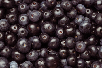 Ripe acai berries as background, top view