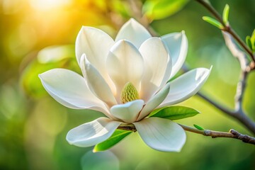 Fototapeta premium Close-up of a Delicate White Magnolia Flower in Natural Light, Capturing the Intricate Petals and Soft Texture, Perfect for Botanical Illustrations and Nature Photography Enthusiasts