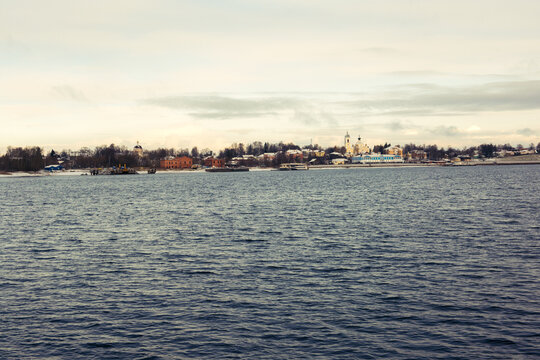 Volga river, background of a small old Russian town of Myshkin