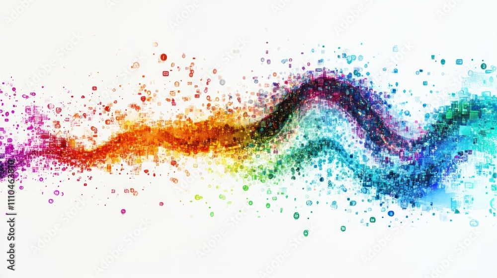 Poster computer language, highlighting colorful symbols and codes flowing through a digital matrix,