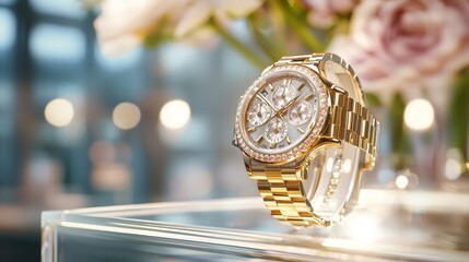 Luxury watch display with floral accents, glass and gold showcase, soft lighting emphasizing classic dial details, refined yet opulent