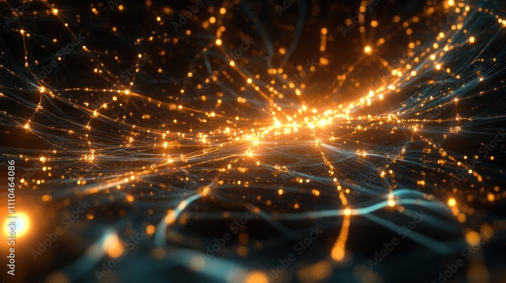 Poster computing network, where qubits are represented as luminous nodes connected by glowing pathways.