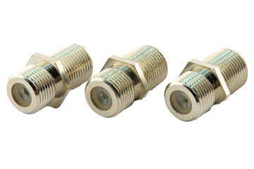 Metal F-connectors for connecting coaxial cable. Close-up. Soft focus.Transparent background in png.