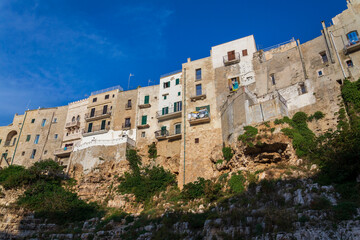 Traditional houses on dramatic cliffs rising from Adriatic sea in Polignano a Mare, Italy