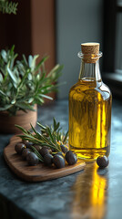 olive mediterranean oil next to some olives and leaves, natural sunlight