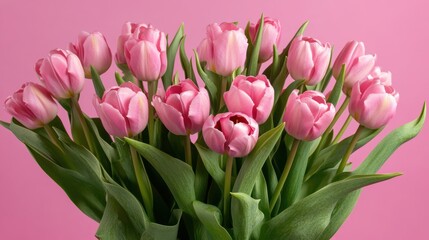 Obraz premium Beautiful composition spring flowers. Bouquet of pink tulips flowers on pastel pink background. Valentine's Day, Easter, Birthday, Happy Women's Day, Mother's Day.