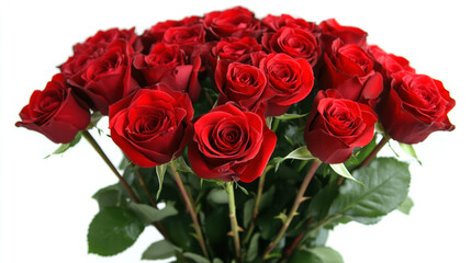 Fototapeta premium Beautiful composition of red roses. Bouquet of Valentines Day, Mother's Day flowers on white background. Valentine's Day, Mothers Day. Flat lay top view, copy space