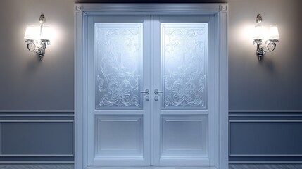 Classic interior double doors with decorative frosted glass and floral detailing. Surrounded by a refined wall design with two wall-mounted lights, the space exudes a sophisticated and timeless ambian