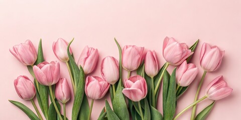 Fototapeta premium Beautiful composition spring flowers. Bouquet of pink tulips flowers on pastel pink background. Valentine's Day, Easter, Birthday, Happy Women's Day, Mother's Day. Flat lay, top view, copy space