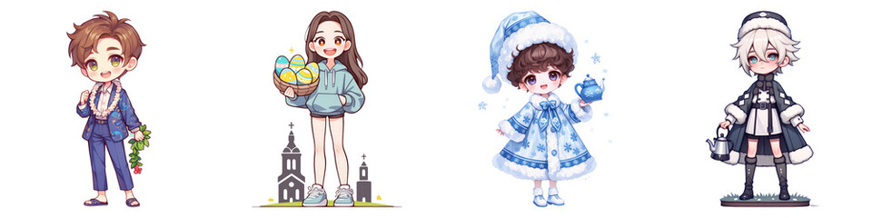 Fototapeta premium Cute cartoon on transparent background concept. Four stylized characters in various outfits, showcasing unique fashion styles and vibrant colors, each with distinct accessories and expressions.