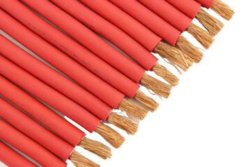 Copper electrical installation wires in colored insulation. Close-up. Soft focus.Transparent...