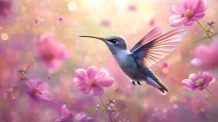 Fototapeta premium illustration hummingbird and in the background many flowers, purple clay
