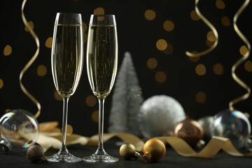 Delicious champagne in glasses and Christmas decor on black table against blurred lights, space for text