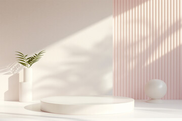 Fototapeta premium Minimal background, mockup with podium for product display. Podium with light geometric background, plant elements and shadows, minimalist background, 3D rendering. Place, background for collage