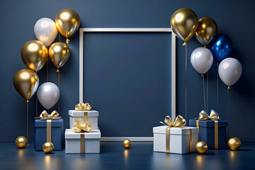 Gold and Silver Balloons with Gift Box and Ribboned Fram