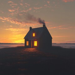 Radiant house glowing warmly reflected in calm water under dramatic sky image