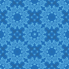 Vector seamless pattern of snowflake mandalas in various shades of icy blue. Ideal for digital backgrounds, winter-themed designs, and seasonal marketing. Light blue, navy blue, frosty white.
