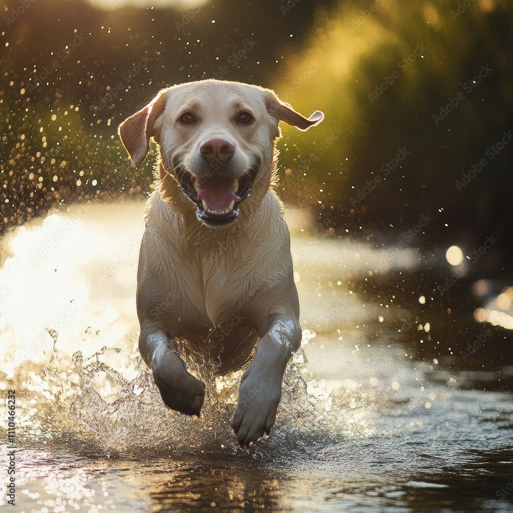 Poster Happy Labrador retriever running through a shallow stream, with water splashes and sunlight adding dynamic detail